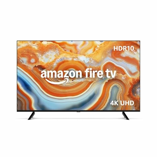 Amazon Fire TV 4K UHD with HDR10, 4K UHD display featuring abstract design on screen.