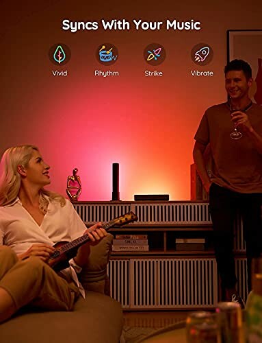 A woman playing ukulele and a man holding a drink in a room with ambient lighting and music sync icons.