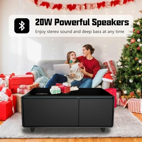 Bluetooth speakers in a festive Christmas setting with a couple exchanging gifts.
