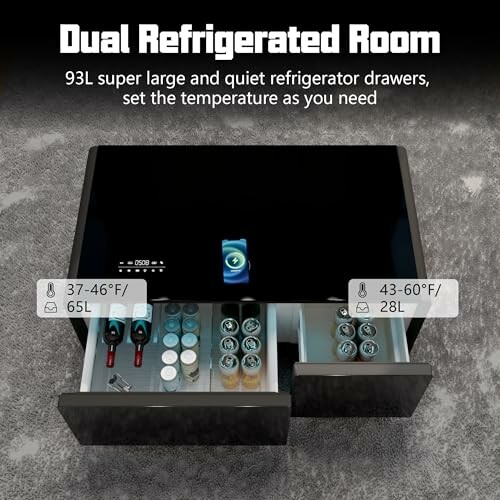 Dual refrigerated room with open drawers showing beverages and temperature settings.