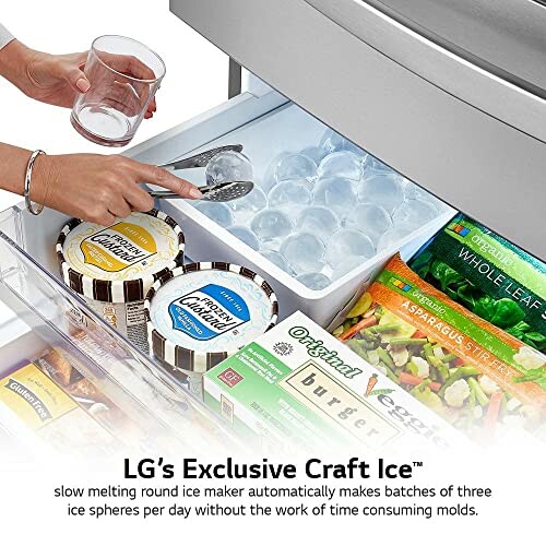 Person using LG freezer with craft ice maker and various food items