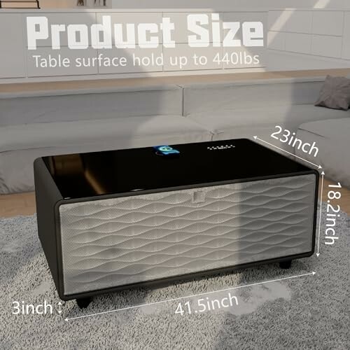 Black modern coffee table with built-in speaker and size dimensions.