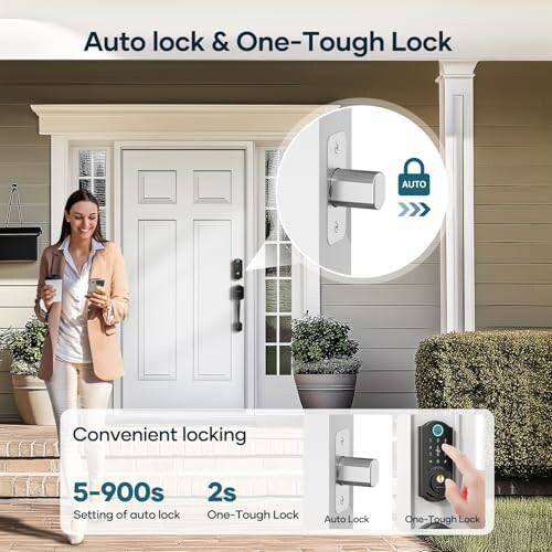 Woman using a smart lock at front door with auto lock feature.