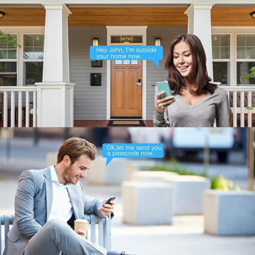 Two people texting each other, one outside a house, the other in a public area.