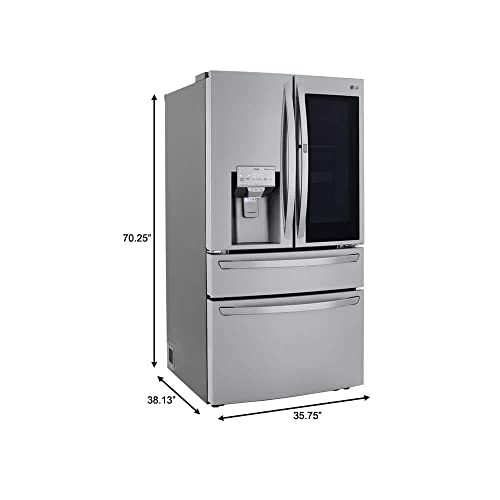 Stainless steel French door refrigerator with water dispenser and measurements