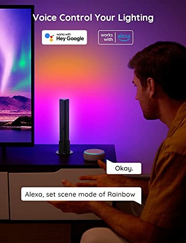 Person using voice control for smart lighting with Alexa and Google.